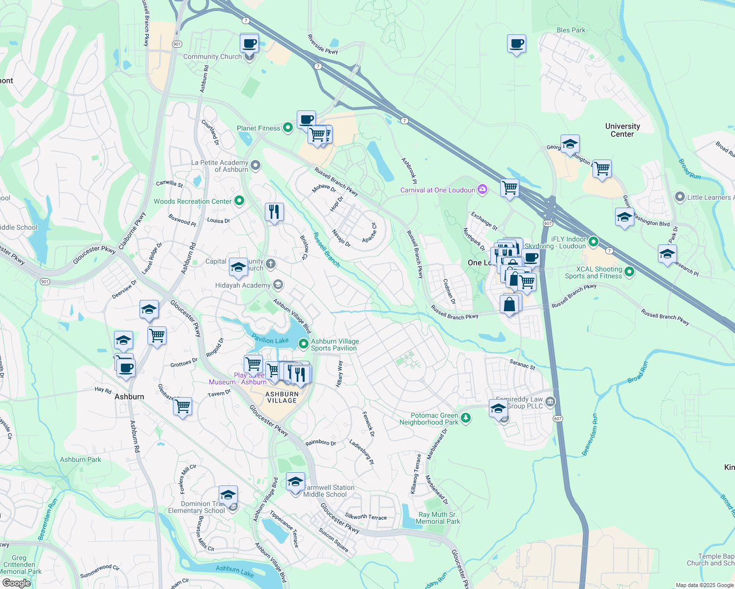 map of restaurants, bars, coffee shops, grocery stores, and more near 44340 Panther Ridge Drive in Ashburn