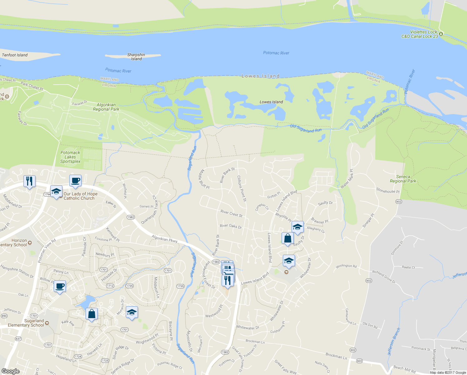map of restaurants, bars, coffee shops, grocery stores, and more near 20384 Water Valley Court in Sterling