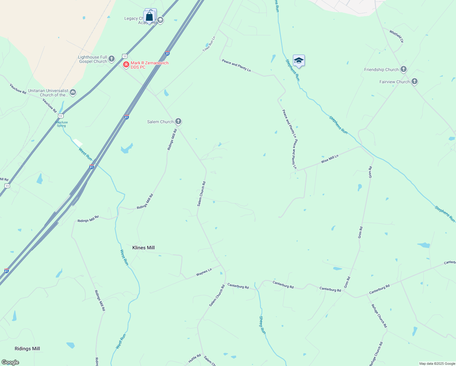 map of restaurants, bars, coffee shops, grocery stores, and more near 649 Salem Church Road in Stephens City
