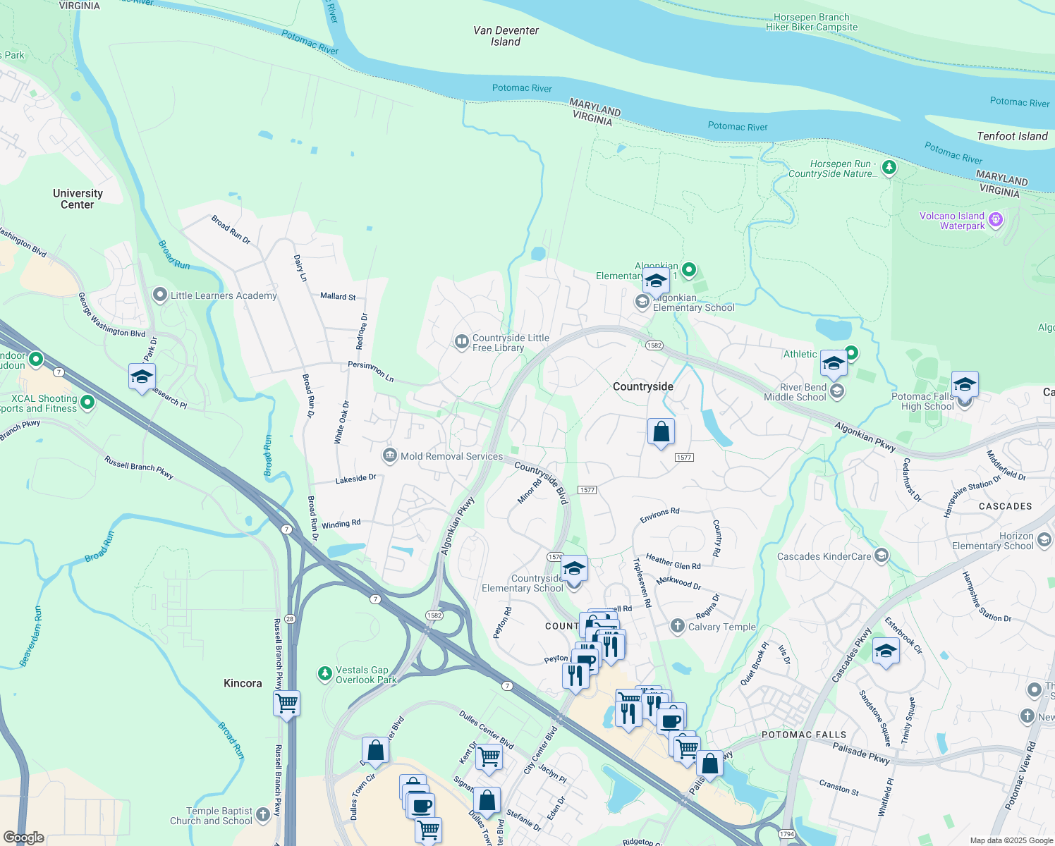 map of restaurants, bars, coffee shops, grocery stores, and more near 11 Lindenwood Court in Sterling