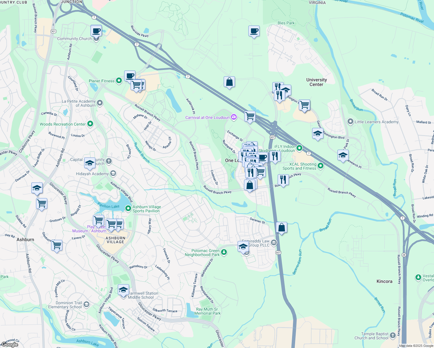 map of restaurants, bars, coffee shops, grocery stores, and more near 44552 Yarmouth Drive in Ashburn