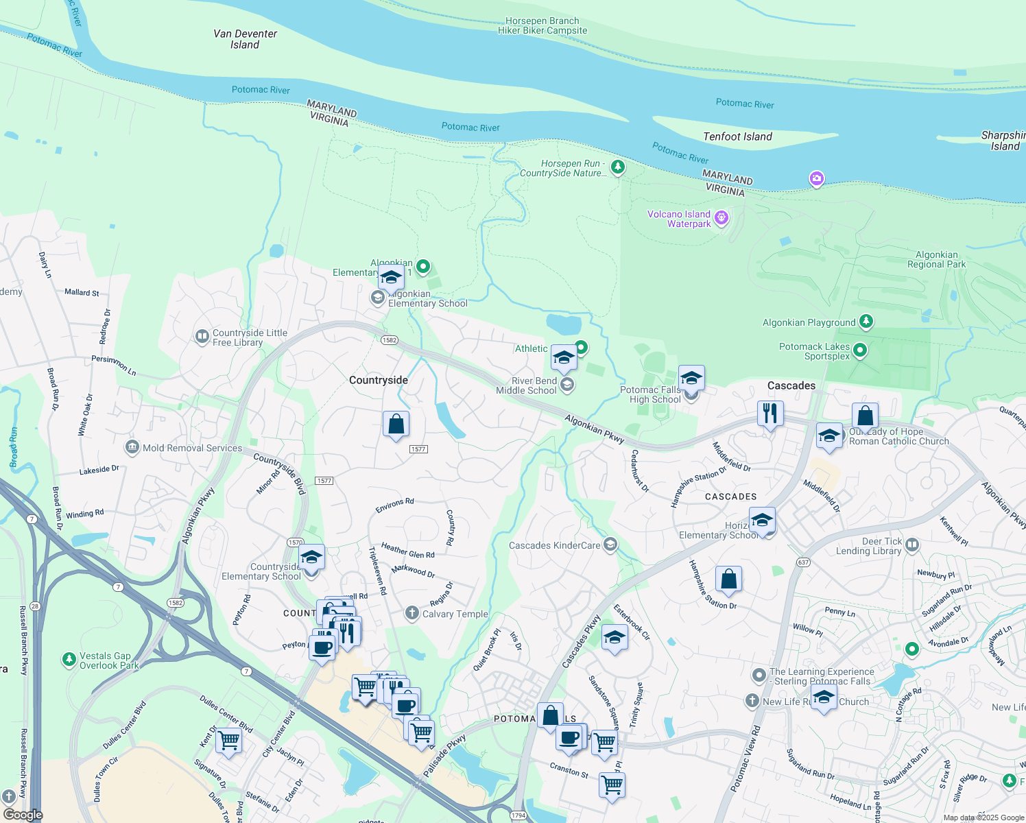 map of restaurants, bars, coffee shops, grocery stores, and more near 8 Amersham Court in Sterling