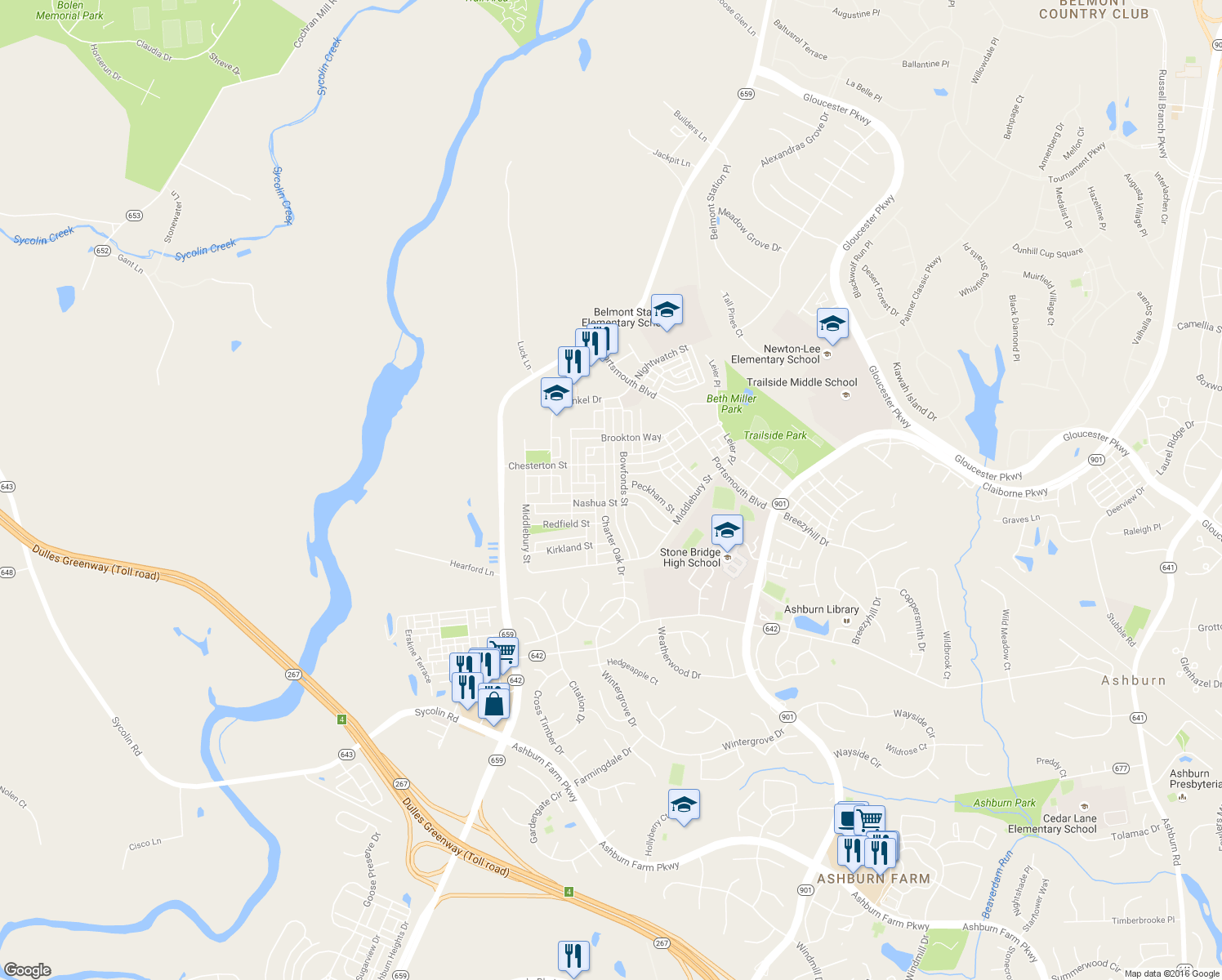 map of restaurants, bars, coffee shops, grocery stores, and more near 20394 Charter Oak Drive in Ashburn