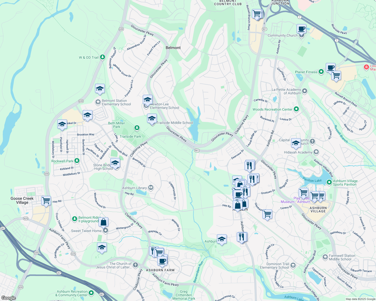 map of restaurants, bars, coffee shops, grocery stores, and more near 20430 Chetwood Terrace in Ashburn
