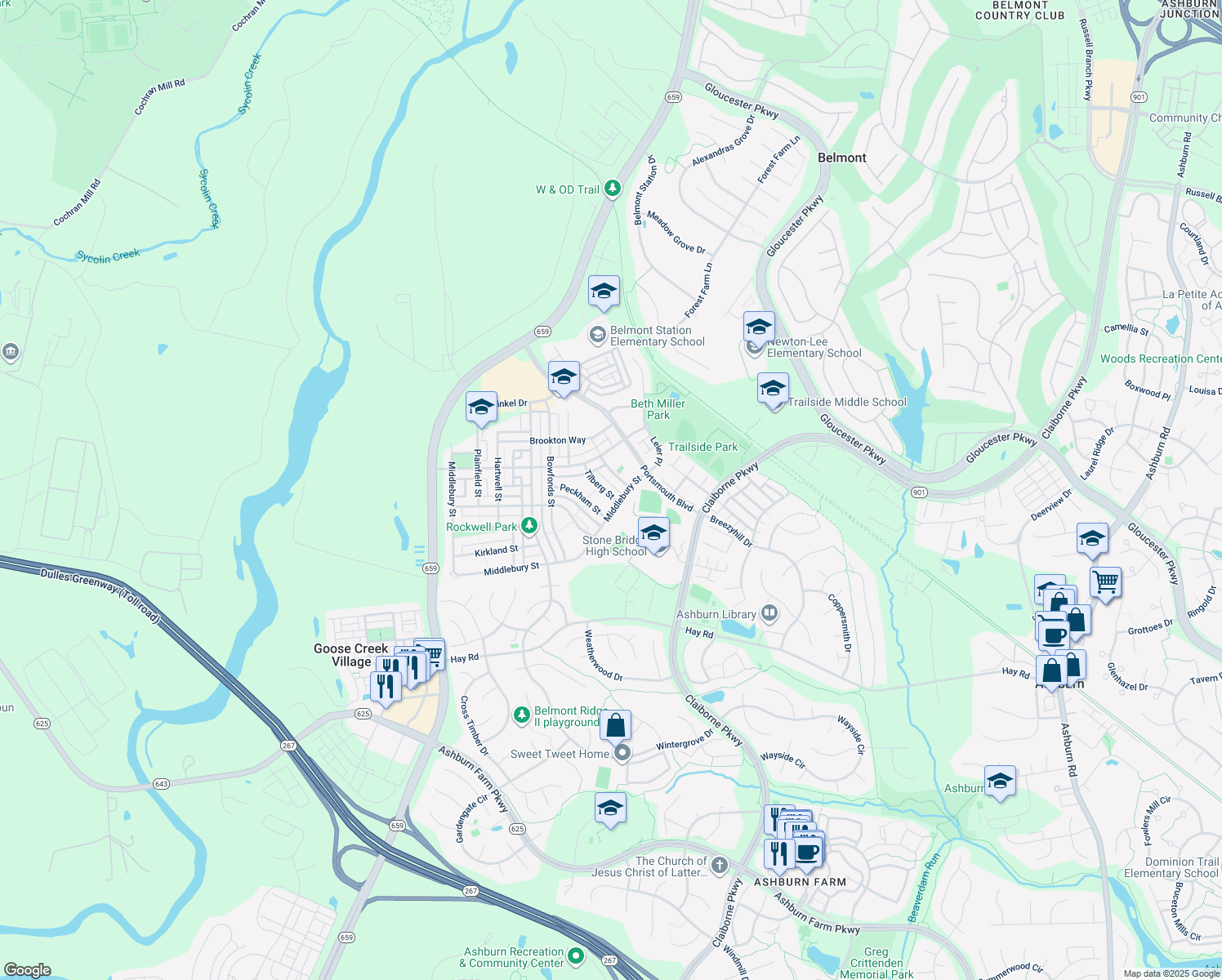 map of restaurants, bars, coffee shops, grocery stores, and more near 20410 Tilberg Street in Ashburn