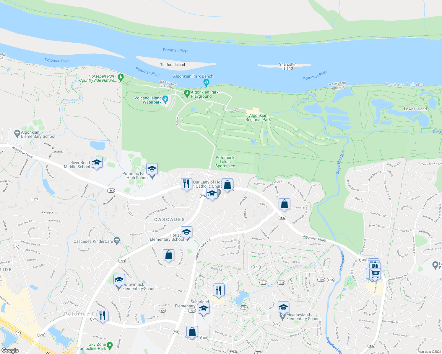 map of restaurants, bars, coffee shops, grocery stores, and more near 20337 Ashcroft Terrace in Sterling