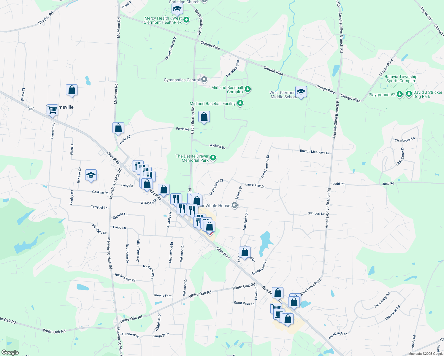 map of restaurants, bars, coffee shops, grocery stores, and more near 3849 Bach Grove Court in Amelia