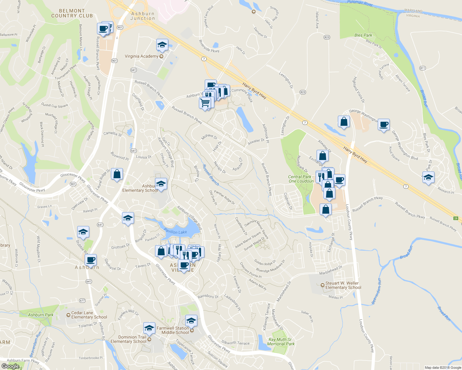 map of restaurants, bars, coffee shops, grocery stores, and more near 20365 Oyster Reef Pl in Ashburn
