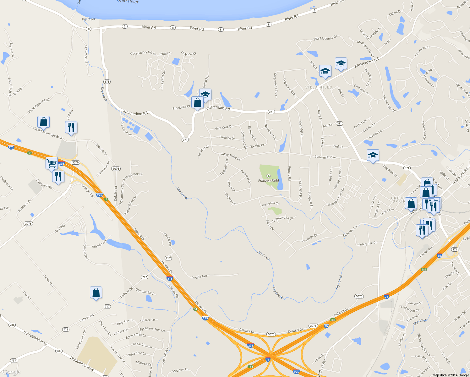 map of restaurants, bars, coffee shops, grocery stores, and more near 822 Deena Drive in Villa Hills