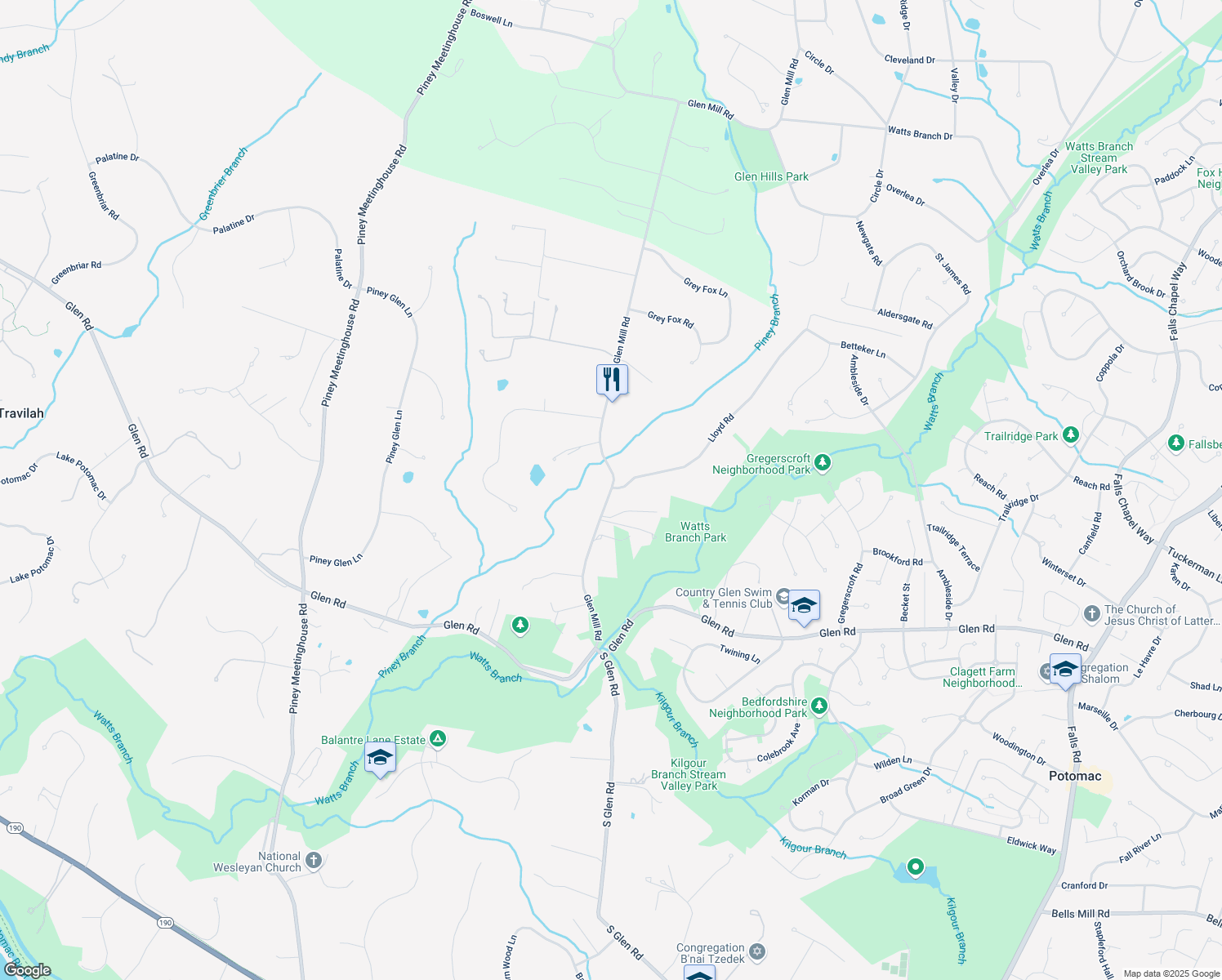 map of restaurants, bars, coffee shops, grocery stores, and more near 11929 Glen Mill Road in Potomac