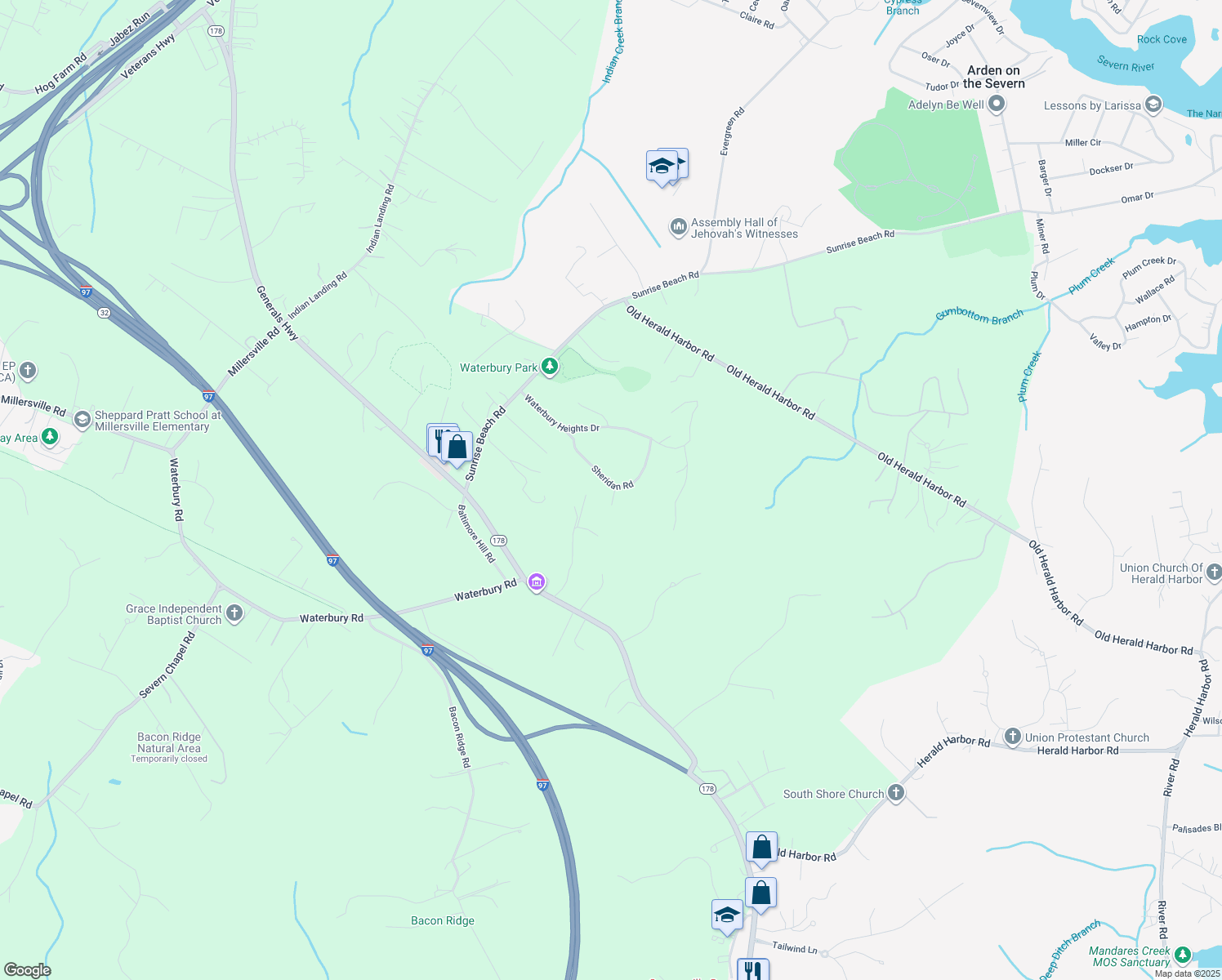 map of restaurants, bars, coffee shops, grocery stores, and more near 1274 Sheridan Road in Crownsville
