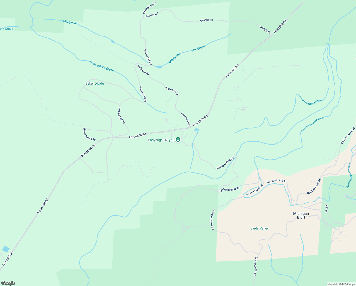 map of restaurants, bars, coffee shops, grocery stores, and more near 6100 Michigan Bluff Road in Foresthill
