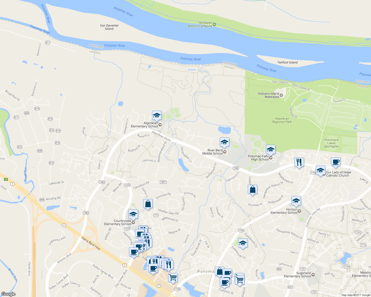 map of restaurants, bars, coffee shops, grocery stores, and more near 3 Forester Court in Sterling