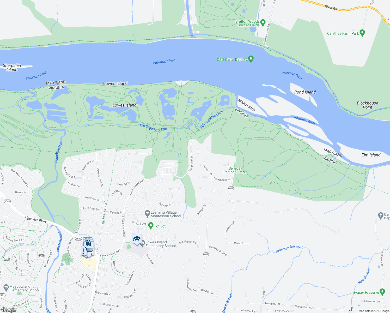 map of restaurants, bars, coffee shops, grocery stores, and more near 20281 Island View Court in Sterling