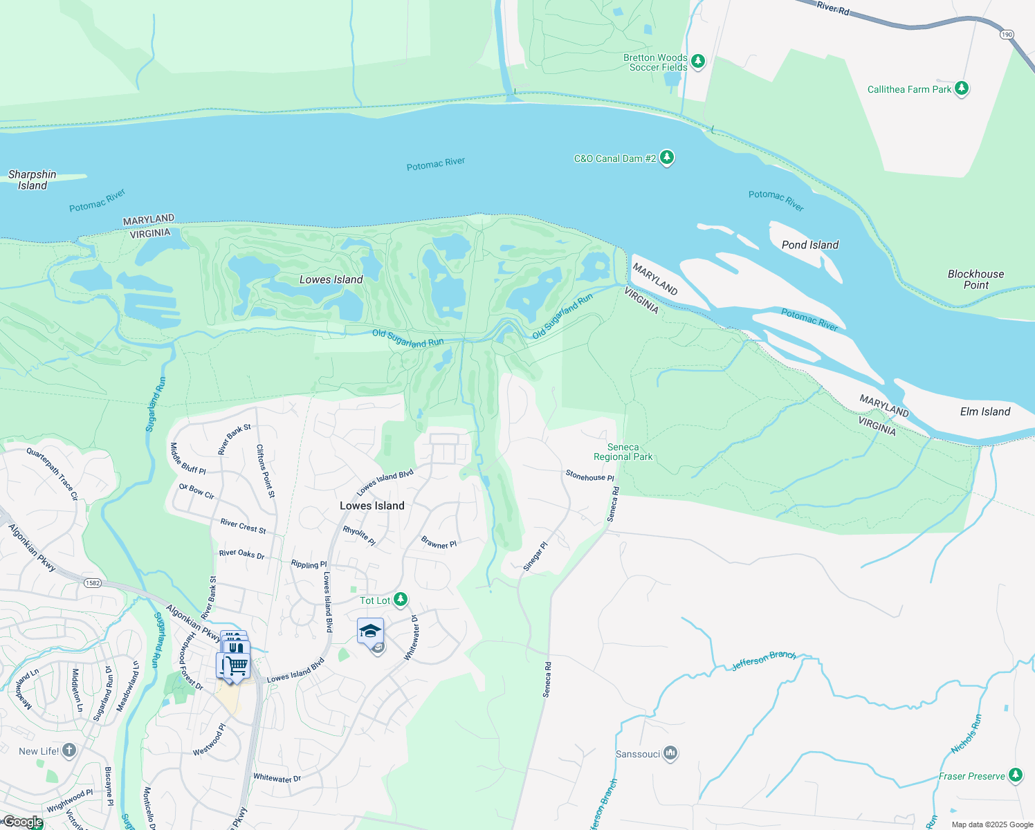 map of restaurants, bars, coffee shops, grocery stores, and more near 20281 Island View Court in Sterling