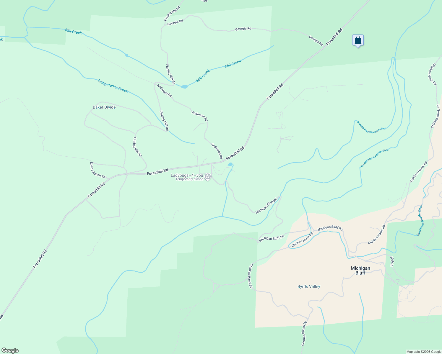 map of restaurants, bars, coffee shops, grocery stores, and more near 6001 Michigan Bluff Road in Foresthill