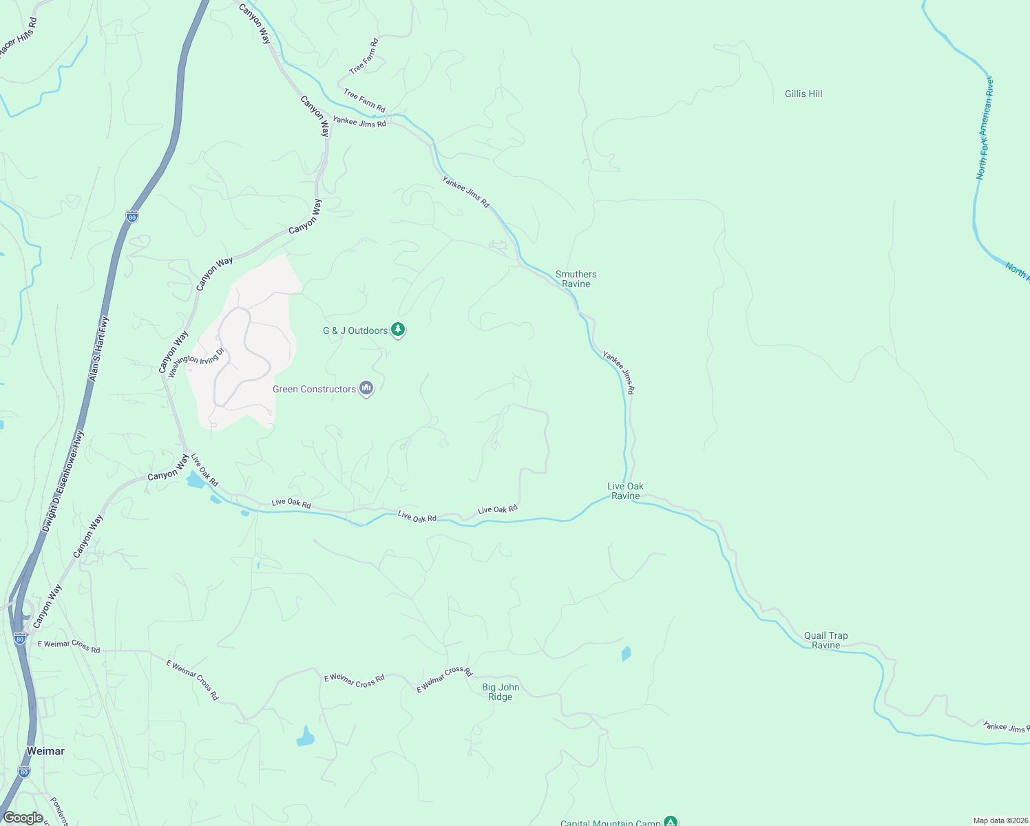 map of restaurants, bars, coffee shops, grocery stores, and more near 1500 Live Oak Road in Colfax