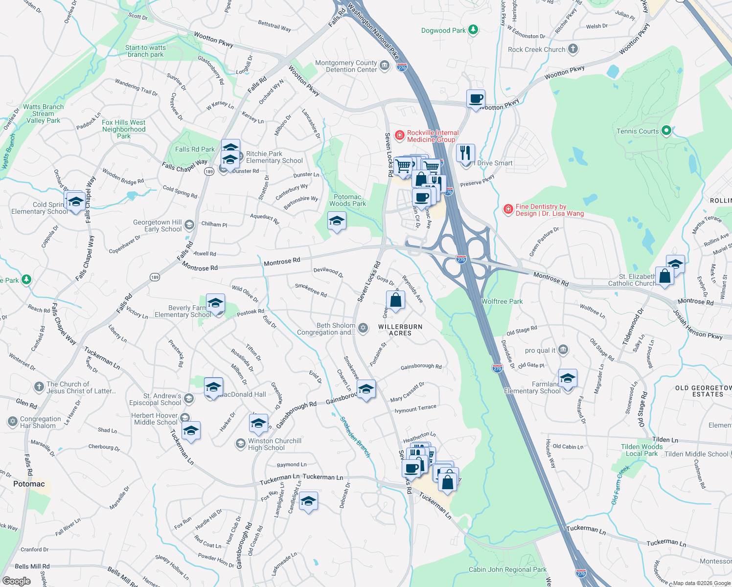 map of restaurants, bars, coffee shops, grocery stores, and more near in Potomac