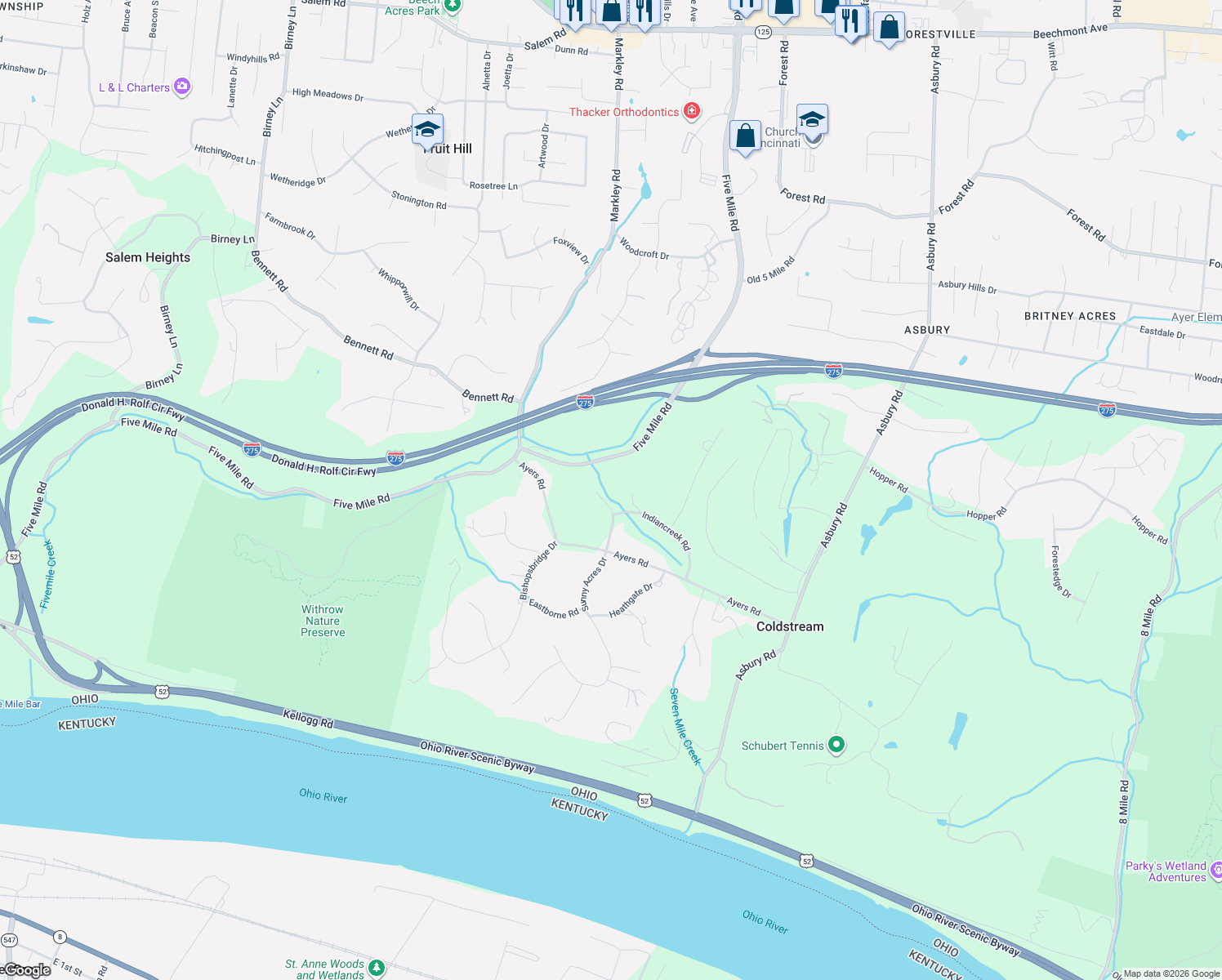 map of restaurants, bars, coffee shops, grocery stores, and more near 480 Tam O Shanter Court in Cincinnati