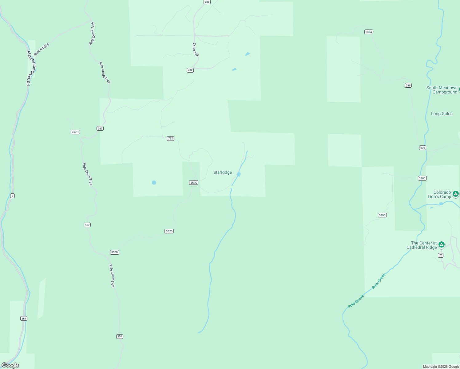 map of restaurants, bars, coffee shops, grocery stores, and more near 2732 County Road 782 in Woodland Park