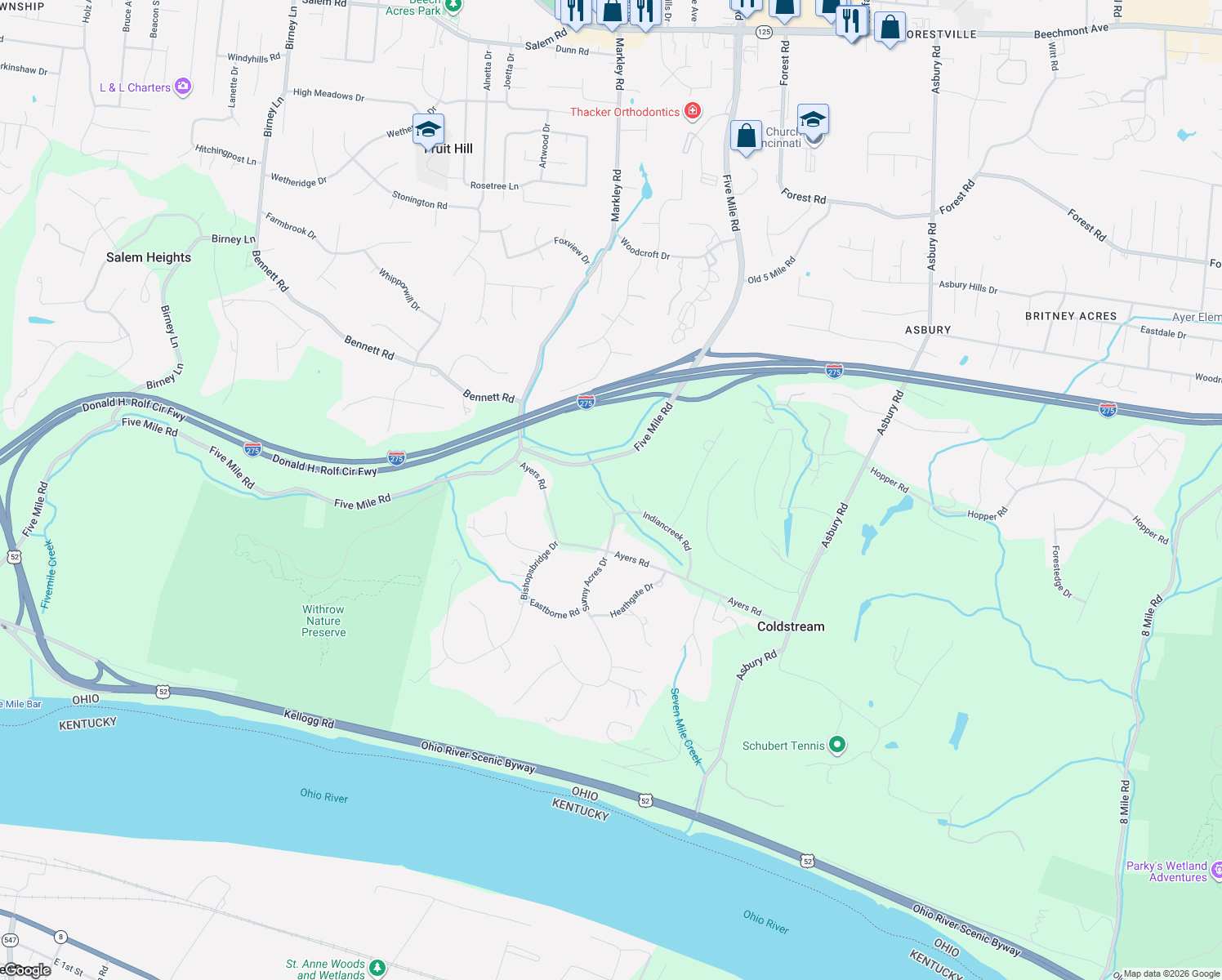 map of restaurants, bars, coffee shops, grocery stores, and more near 480 Tam O Shanter Court in Cincinnati