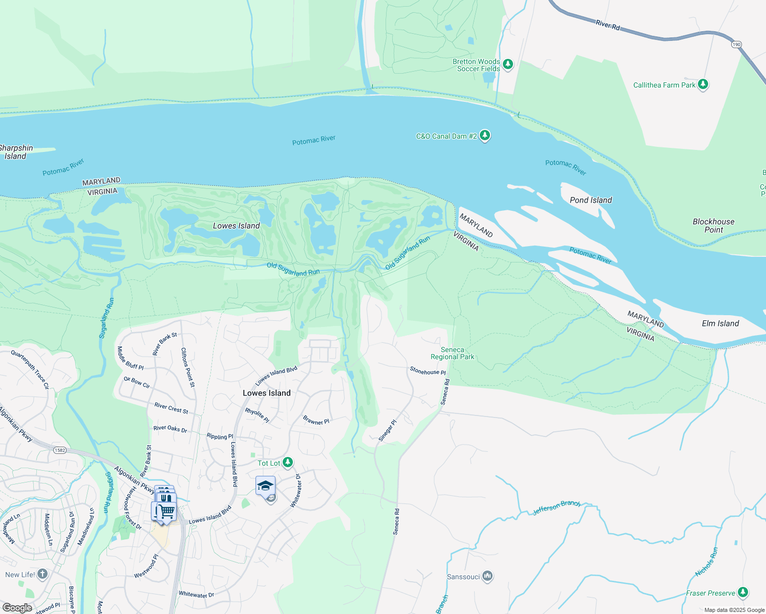 map of restaurants, bars, coffee shops, grocery stores, and more near 20258 Island View Court in Sterling