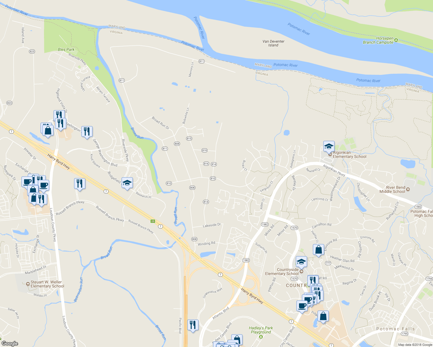 map of restaurants, bars, coffee shops, grocery stores, and more near 20286 Redrose Drive in Sterling