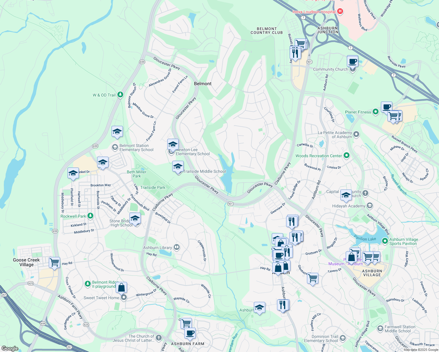 map of restaurants, bars, coffee shops, grocery stores, and more near 20271 Kiawah Island Drive in Ashburn