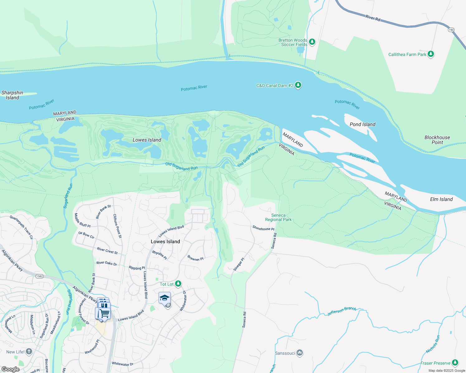 map of restaurants, bars, coffee shops, grocery stores, and more near 20250 Island View Court in Sterling