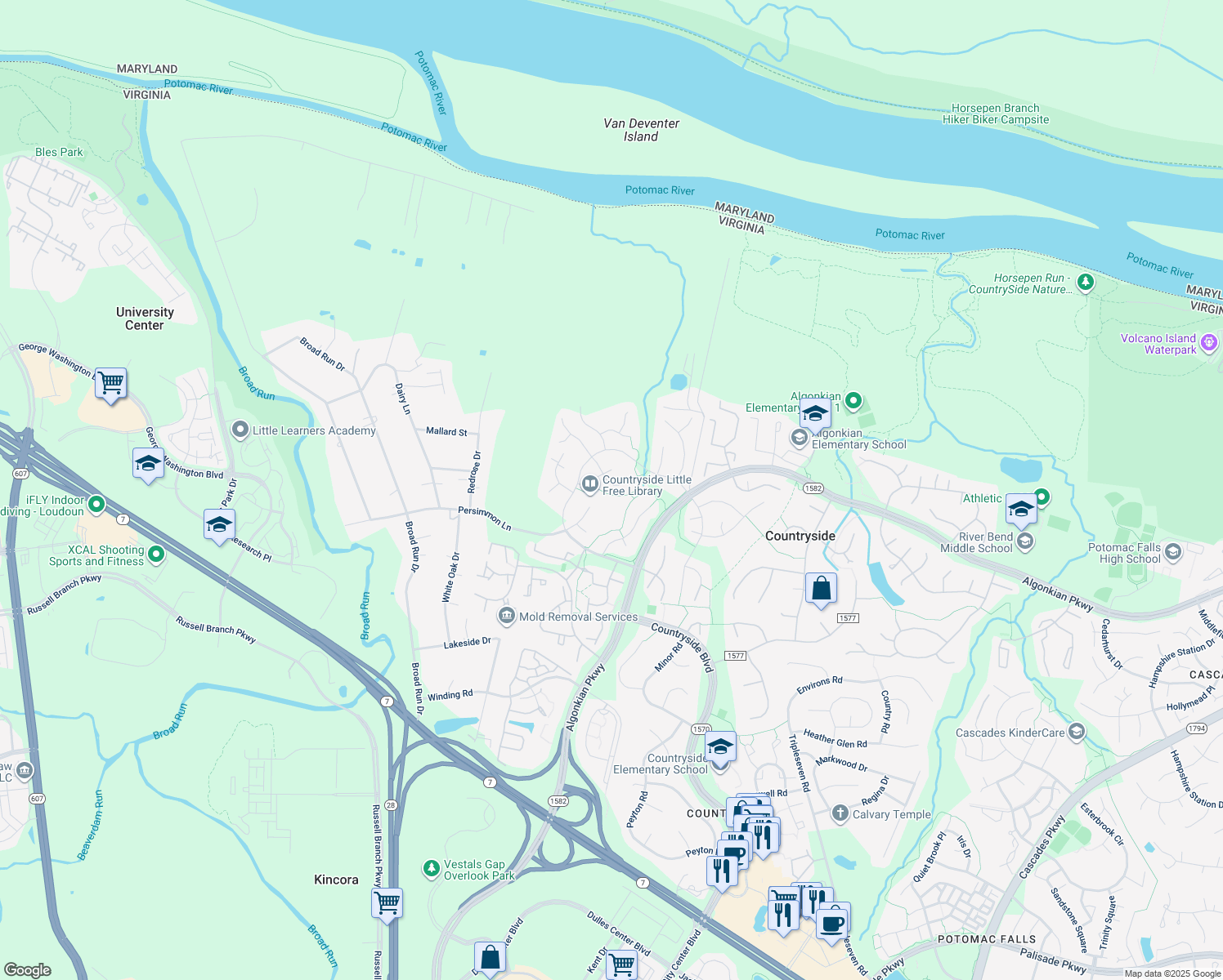 map of restaurants, bars, coffee shops, grocery stores, and more near 24 Jeremy Court in Sterling