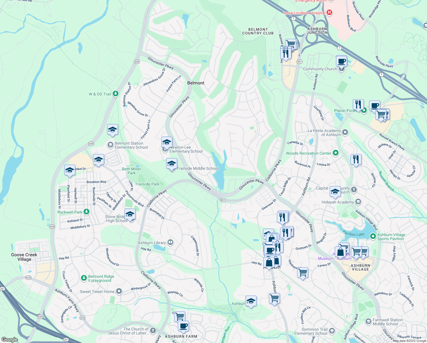 map of restaurants, bars, coffee shops, grocery stores, and more near 20275 Kiawah Island Drive in Ashburn