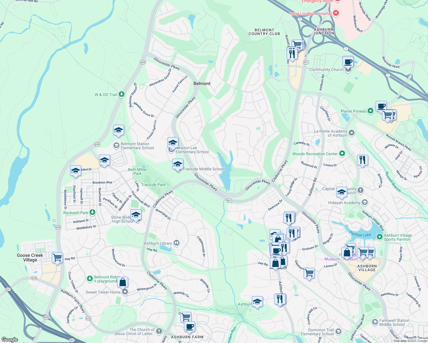 map of restaurants, bars, coffee shops, grocery stores, and more near 20266 Kiawah Island Drive in Ashburn