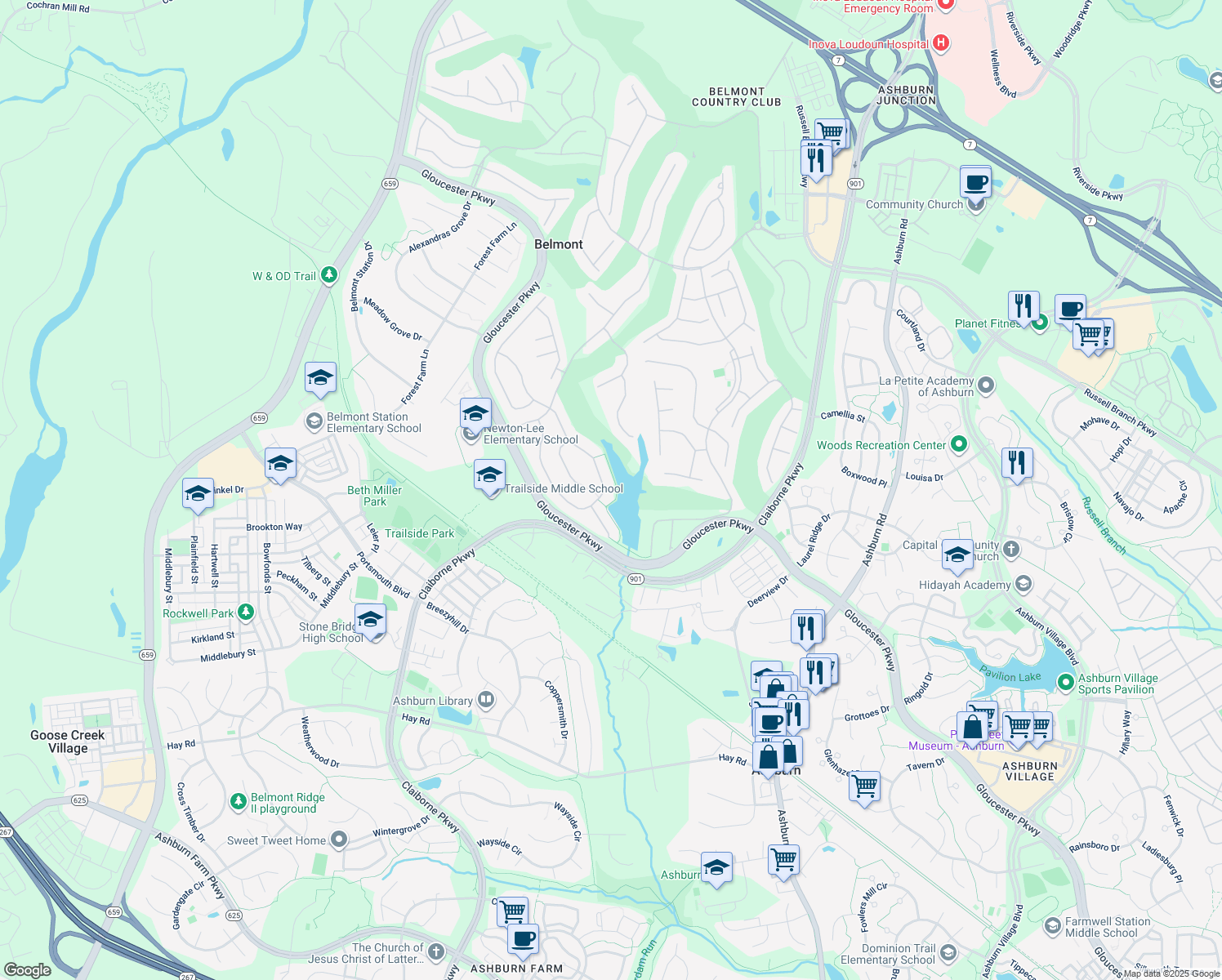 map of restaurants, bars, coffee shops, grocery stores, and more near 20279 Kiawah Island Drive in Ashburn