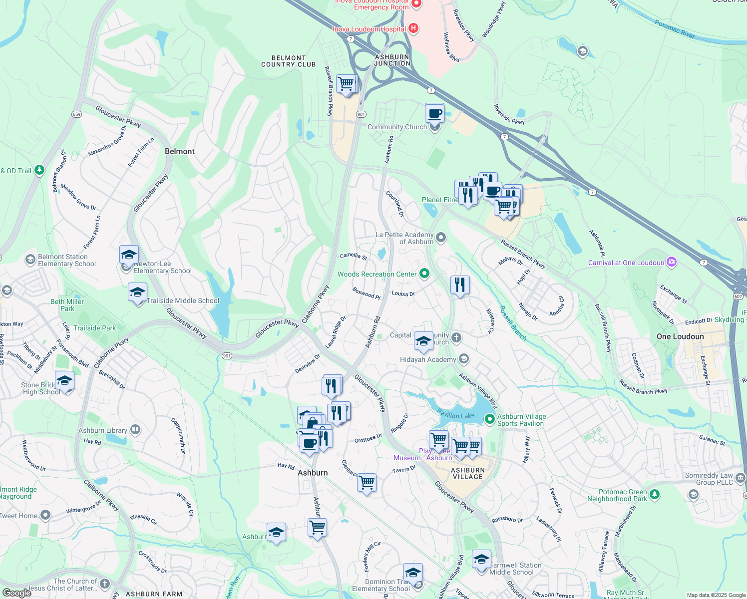 map of restaurants, bars, coffee shops, grocery stores, and more near 20201 Boxwood Place in Ashburn