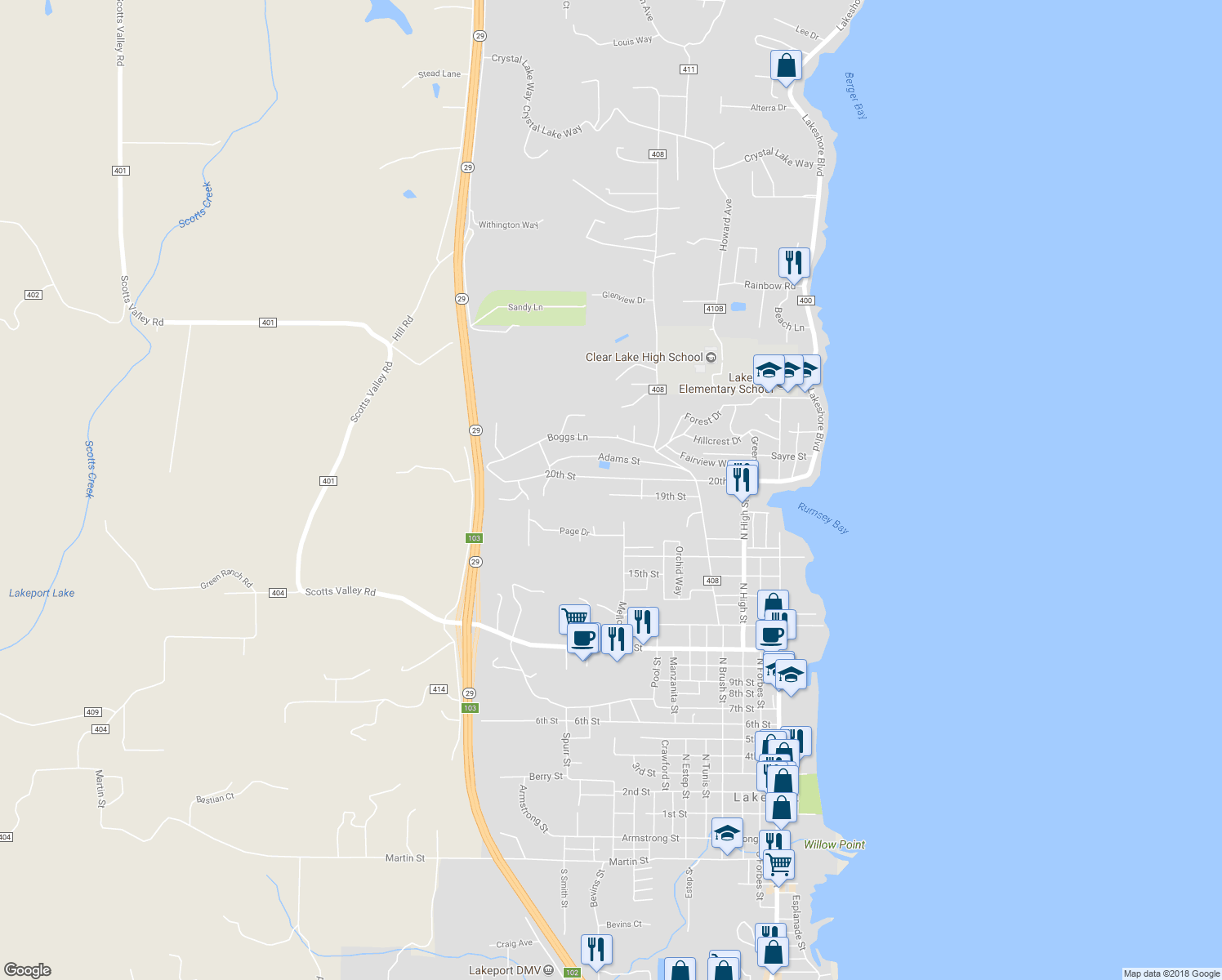 map of restaurants, bars, coffee shops, grocery stores, and more near 992 19th Street in Lakeport