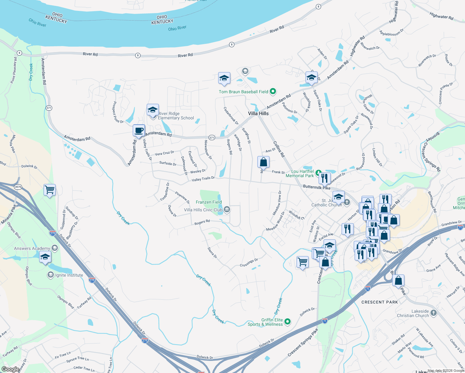 map of restaurants, bars, coffee shops, grocery stores, and more near 764 Rogers Road in Villa Hills