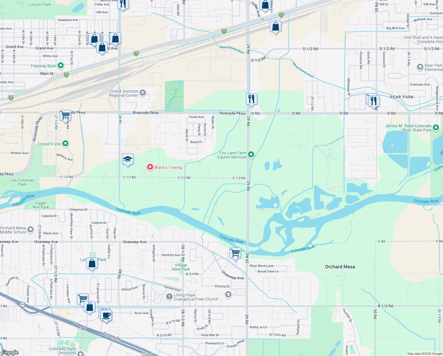 map of restaurants, bars, coffee shops, grocery stores, and more near 2877-2885 C 1/2 Road in Grand Junction