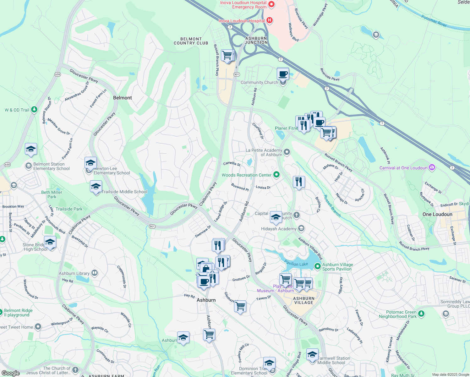 map of restaurants, bars, coffee shops, grocery stores, and more near 20181 Boxwood Pl in Ashburn