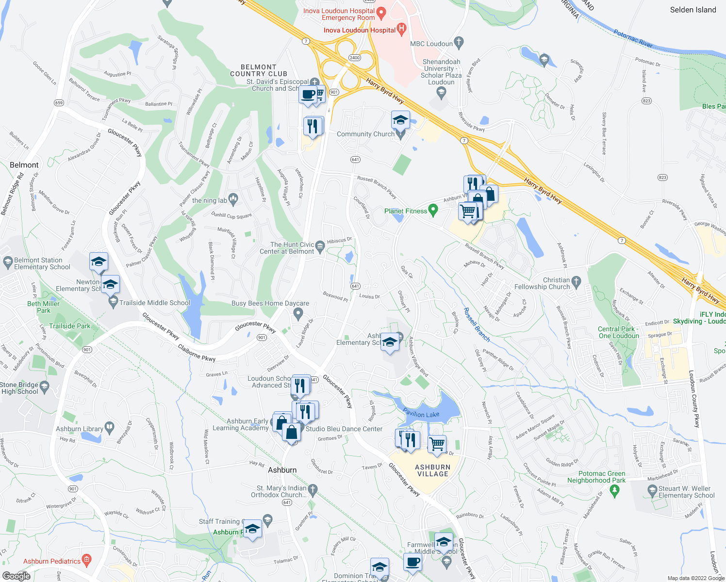 map of restaurants, bars, coffee shops, grocery stores, and more near 20243 Birdsnest Place in Ashburn