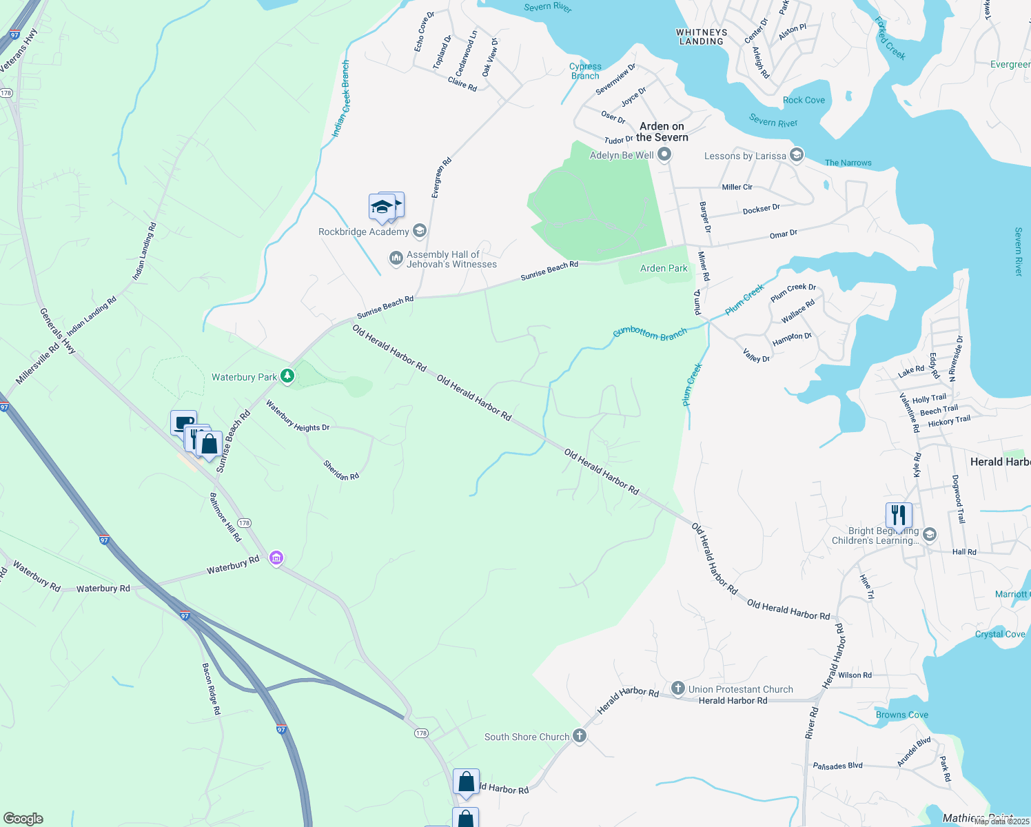 map of restaurants, bars, coffee shops, grocery stores, and more near 738 Old Herald Harbor Road in Crownsville