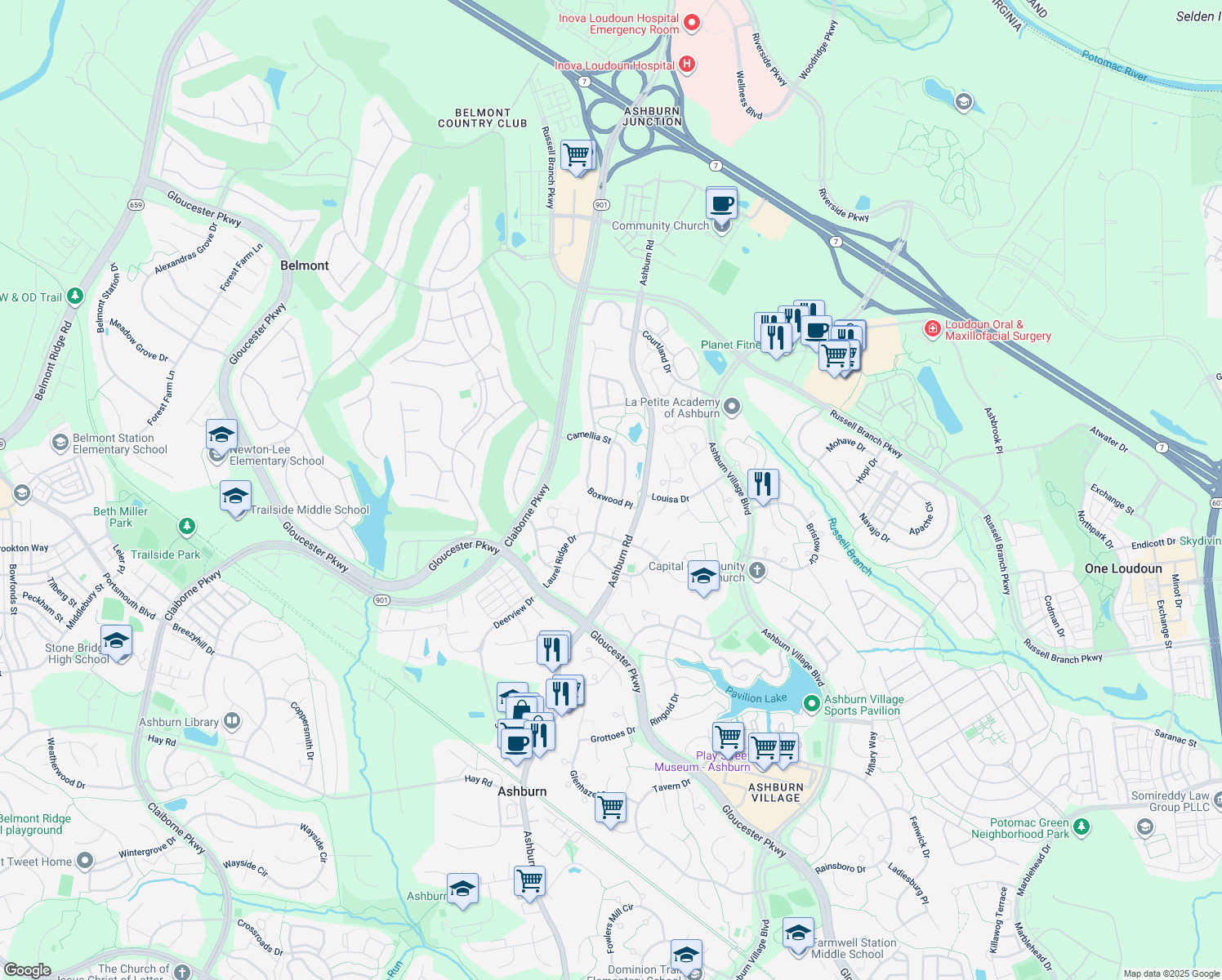 map of restaurants, bars, coffee shops, grocery stores, and more near 20250 Millstead Drive in Ashburn