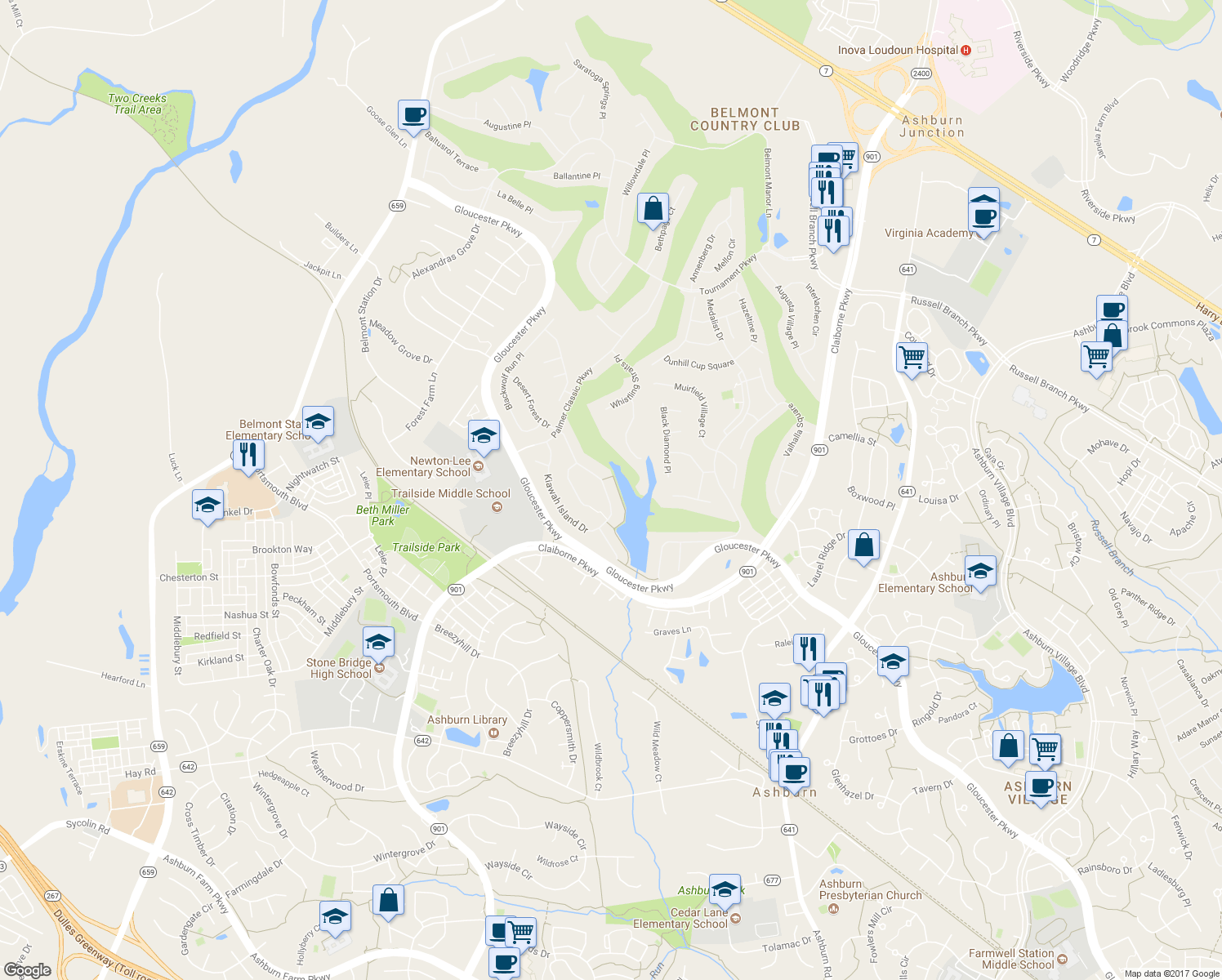 map of restaurants, bars, coffee shops, grocery stores, and more near 20295 Kiawah Island Drive in Ashburn