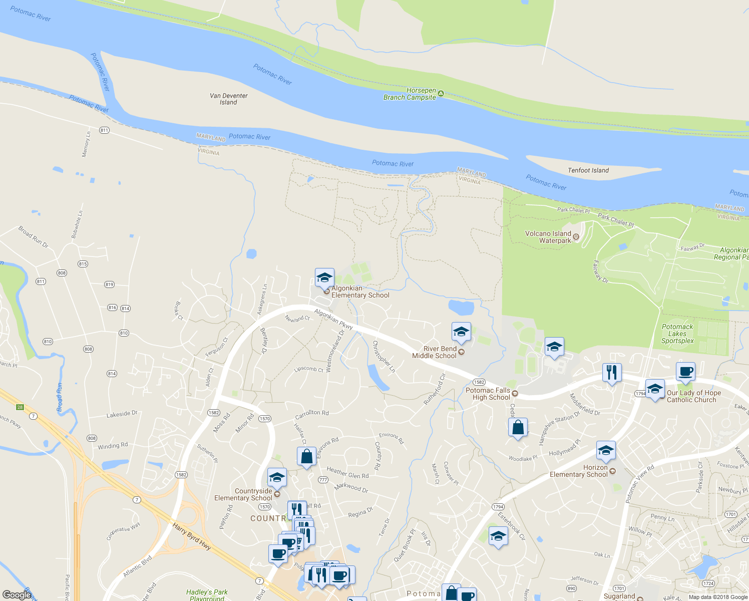 map of restaurants, bars, coffee shops, grocery stores, and more near 20 Griswold Court in Sterling