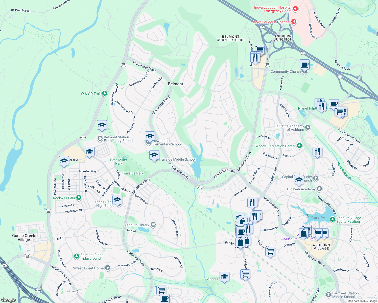 map of restaurants, bars, coffee shops, grocery stores, and more near 20299 Kiawah Island Drive in Ashburn