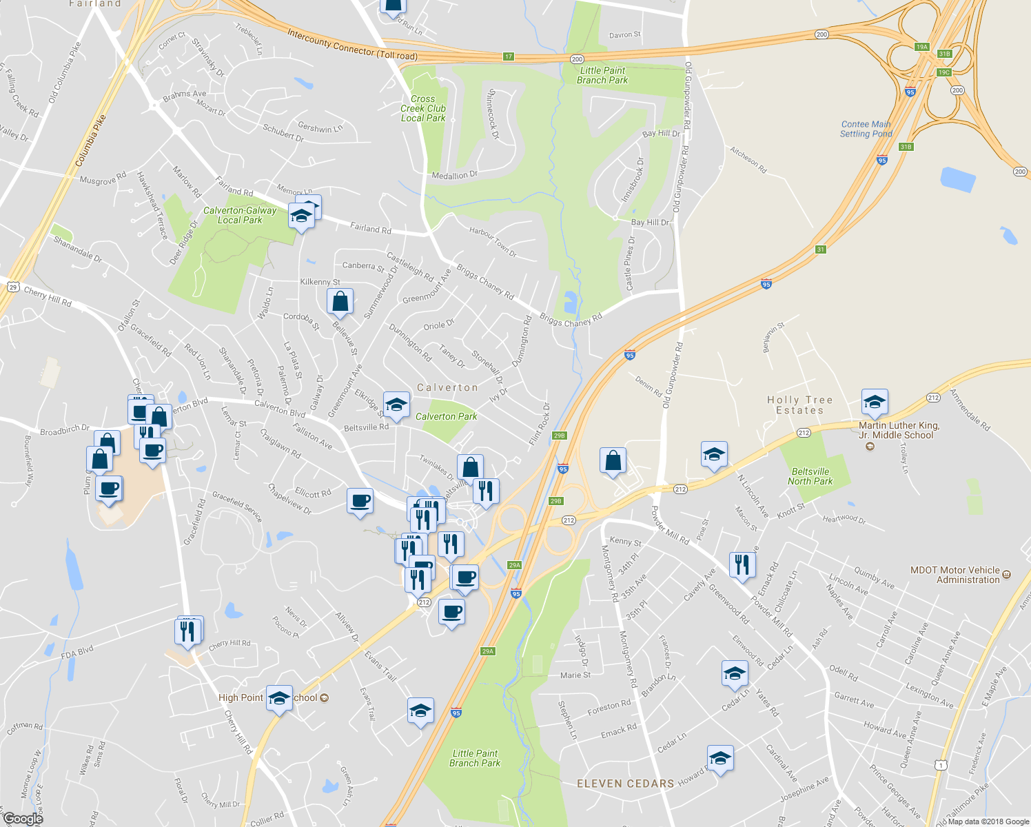 map of restaurants, bars, coffee shops, grocery stores, and more near 3512 Susquehanna Drive in Beltsville
