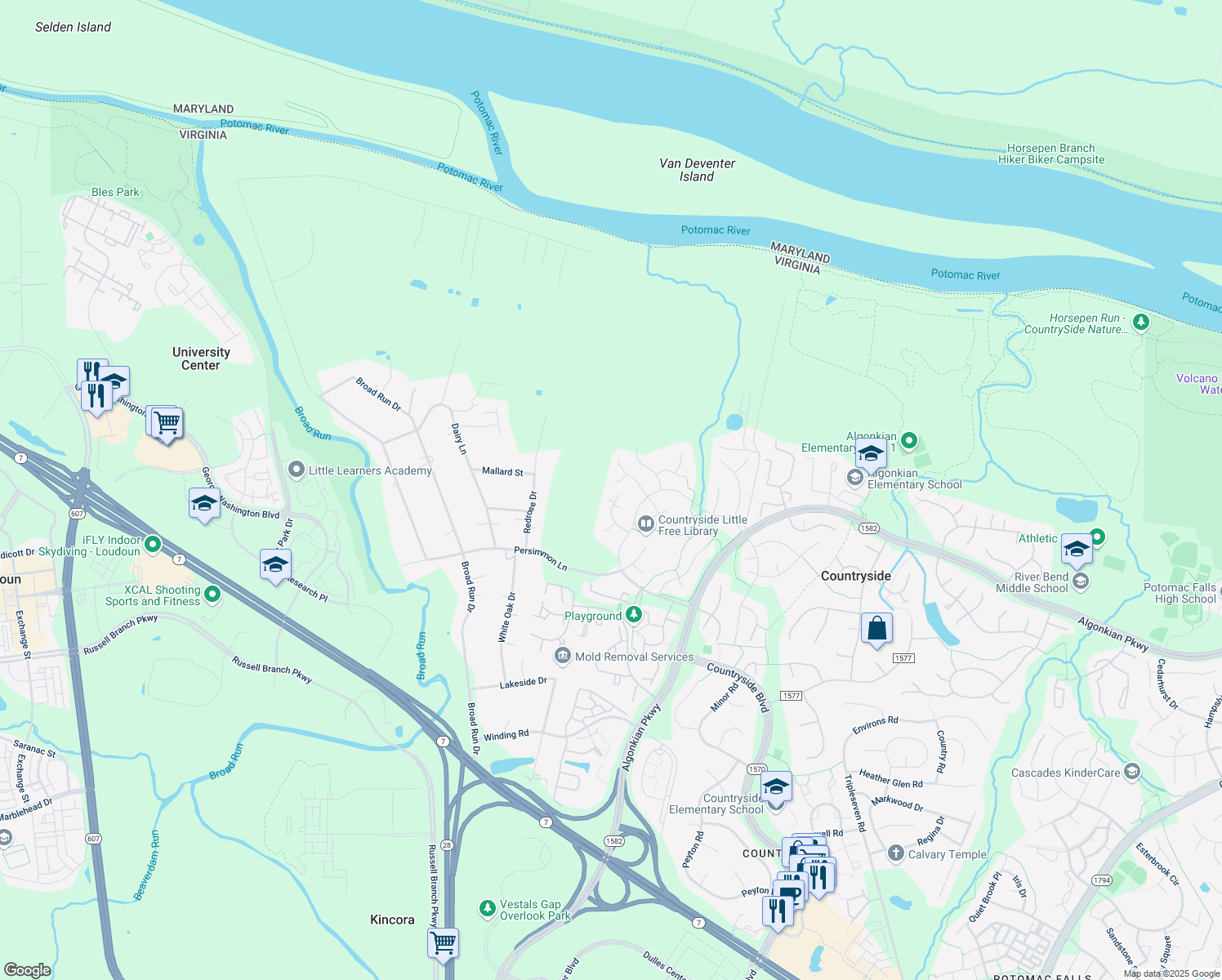 map of restaurants, bars, coffee shops, grocery stores, and more near 27 Brinks Court in Sterling
