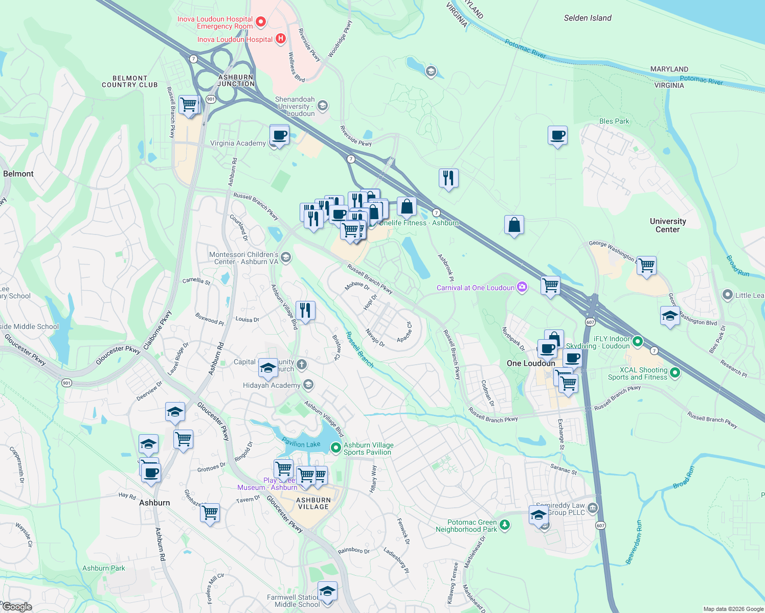 map of restaurants, bars, coffee shops, grocery stores, and more near 20227 Seneca Square in Ashburn