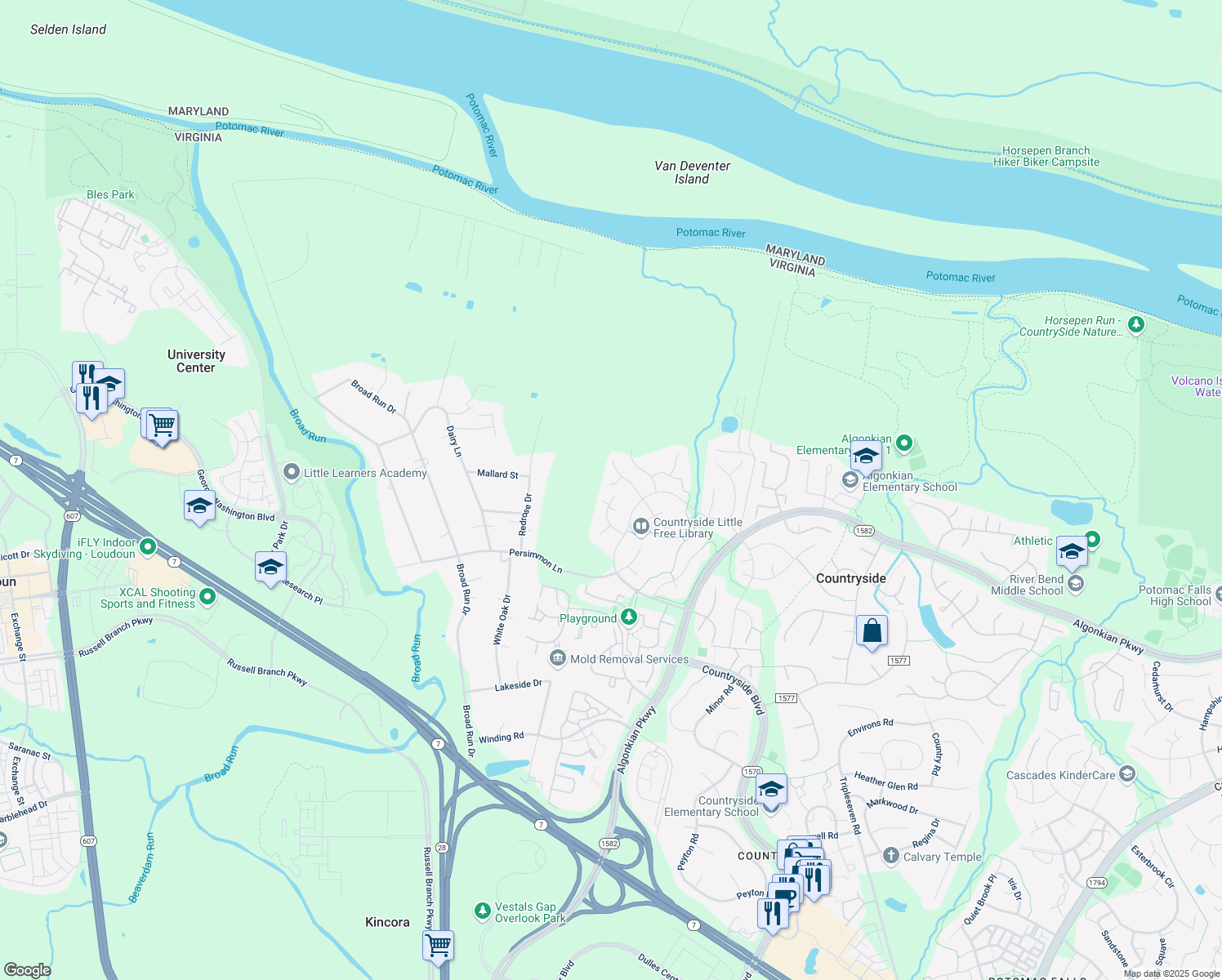 map of restaurants, bars, coffee shops, grocery stores, and more near 29 Brinks Court in Sterling