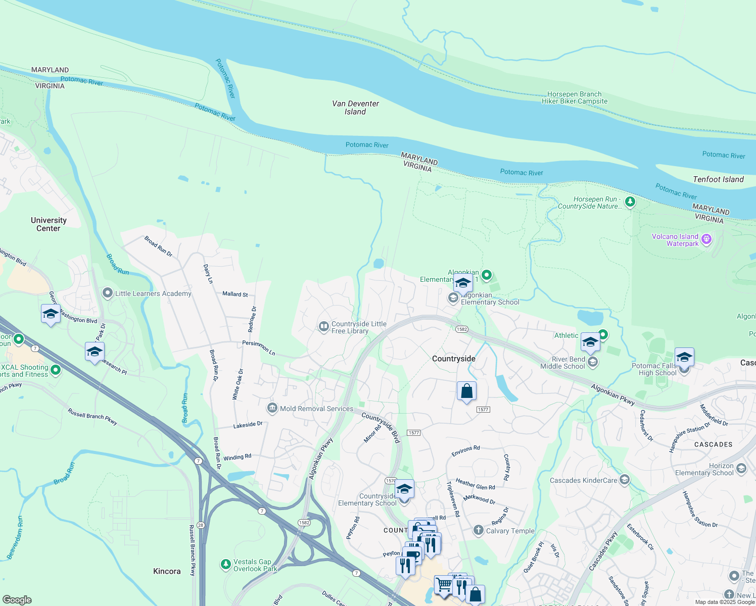 map of restaurants, bars, coffee shops, grocery stores, and more near 17 Fenton Wood Drive in Sterling