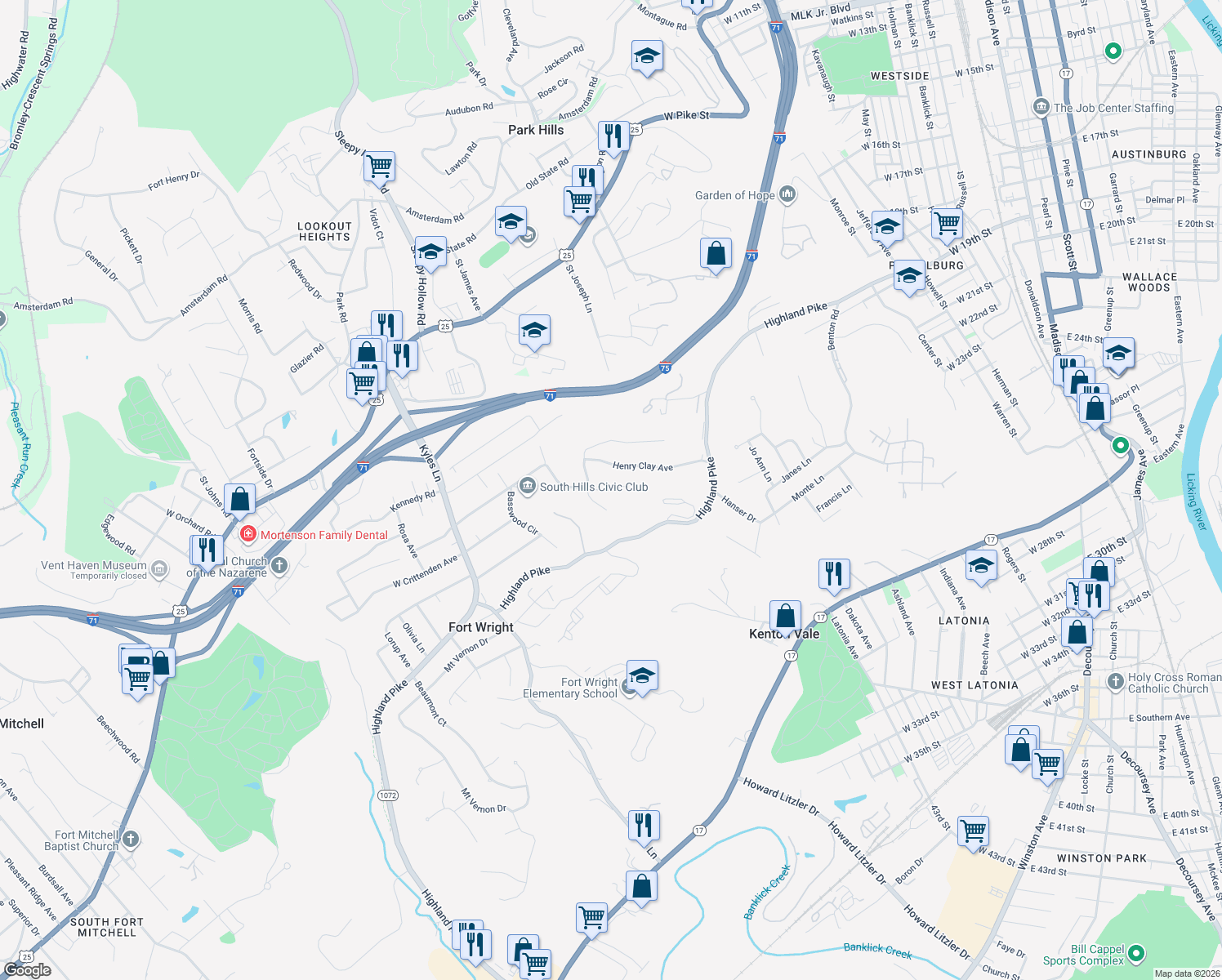 map of restaurants, bars, coffee shops, grocery stores, and more near 110 Fayette Circle in Fort Wright